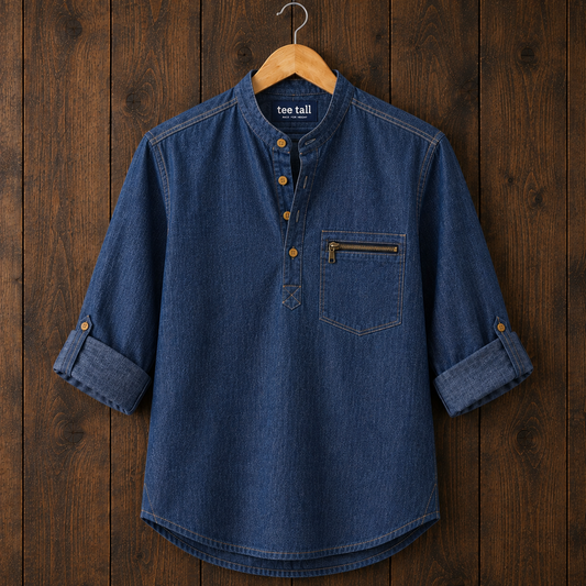 Mens Short Cotton Chambray Full Sleeve Kurta TTMSK175 - Blue