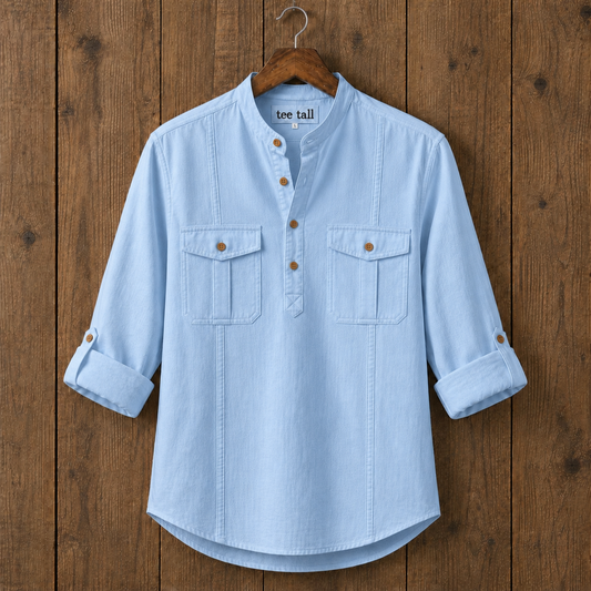 Mens Short Cotton Full Sleeve Kurta TTMSK147 - Light Blue
