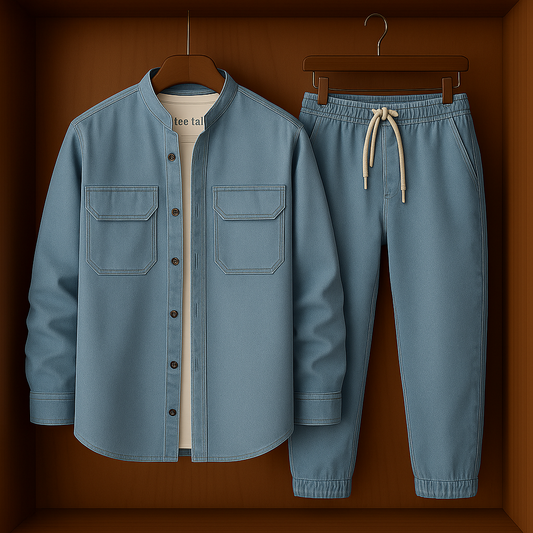 Mens Button Up Cotton Chambray Denim Full Sleeve Shirt and Pants Set TTMSPTS17 - Blue