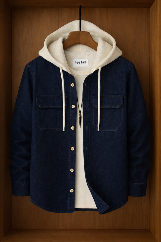 Mens Button Up Cotton Chambray Denim Hooded Full Sleeve Shirt TTMBUS152 - Blue