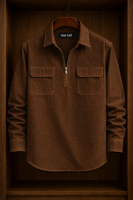 Mens Half Placket Zip Cotton Full Sleeve Shirt TTMBUS191 - Brown