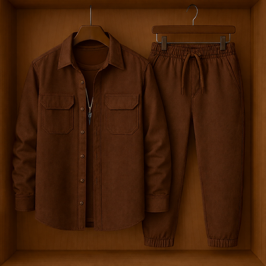 Mens Button Up Cotton Full Sleeve Shirt and Pants Set TTMSPTS47 - Brown
