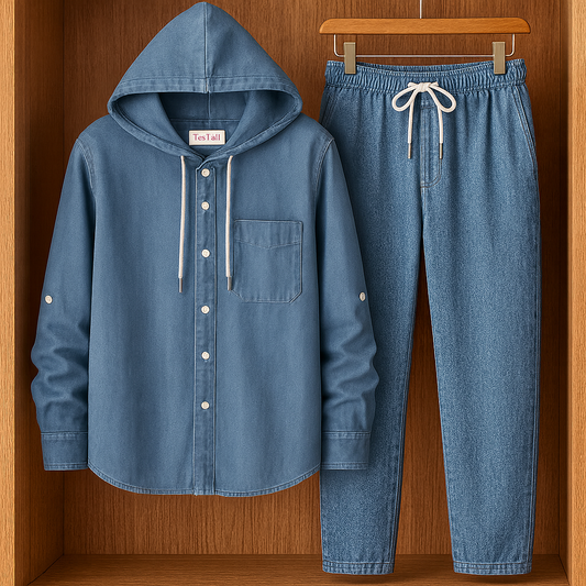 Mens Button Up Cotton Chambray Denim Full Sleeve Shirt and Pants Set TTMSPTS11 - Blue
