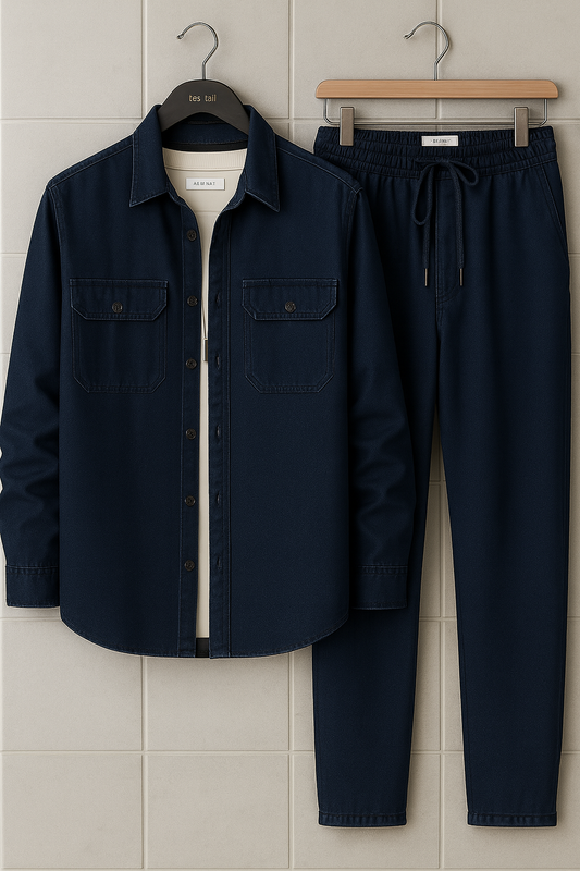 Mens Button Up Cotton Chambray Denim Full Sleeve Shirt and Pants Set TTMSPTS21 - Blue