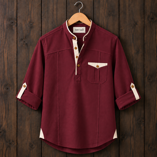 Mens Short Cotton Full Sleeve Kurta TTMSK186 - Maroon