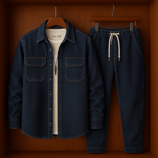 Mens Button Up Cotton Chambray Denim Full Sleeve Shirt and Pants Set TTMSPTS16 - Blue