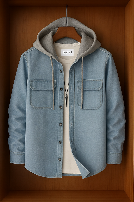 Mens Button Up Cotton Chambray Denim Hooded Full Sleeve Shirt TTMBUS80- Blue