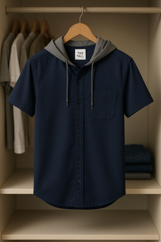 Mens Button Up Half Sleeve Cotton Hooded Shirt TTMBUS25 - Navy Blue