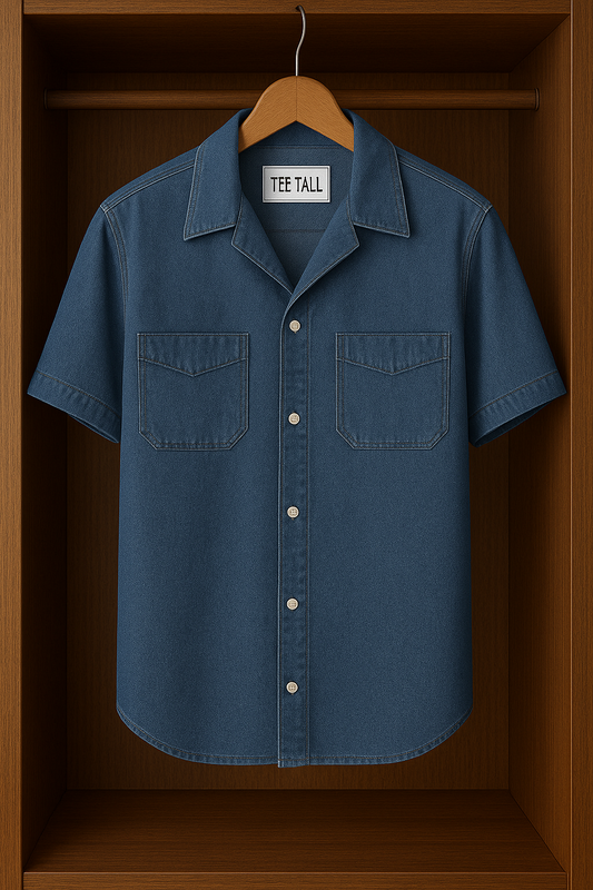 Mens Button Up Cotton Chambray Denim Half Sleeve Shirt TTMBUS69 - Blue