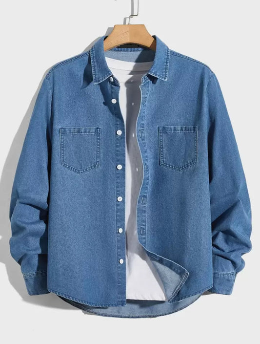 Mens Button Up Cotton Chambray Denim Full Sleeve Shirt TTMBUS81 - Blue