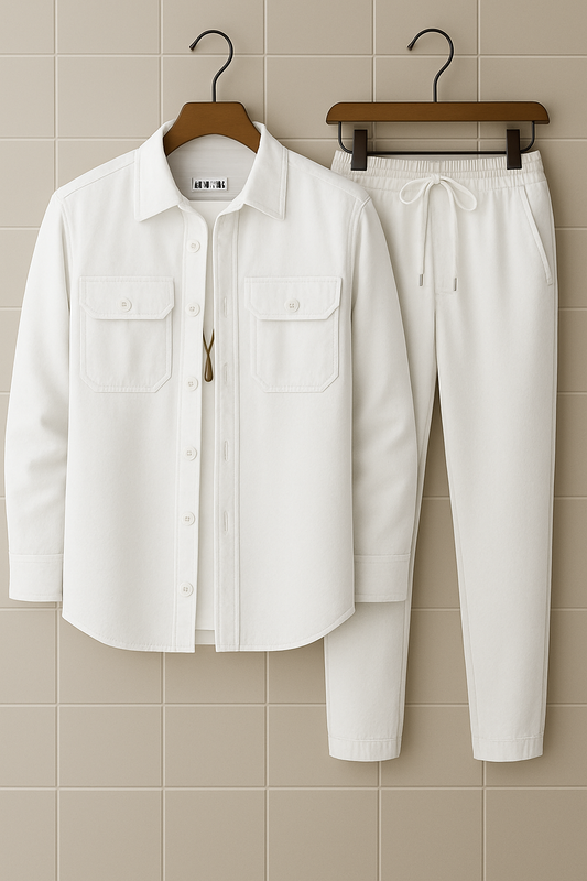 Mens Button Up Cotton Full Sleeve Shirt and Pants Set TTMSPTS28 - White