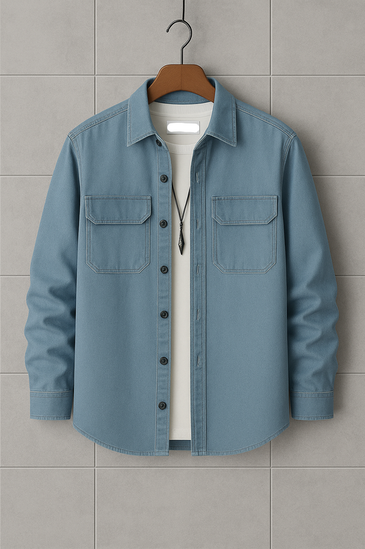 Mens Button Up Denim Chambray Cotton Full Sleeve Shirt TTMBUS87 - Blue