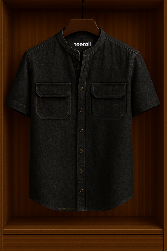 Mens Button Up Half Sleeve Chambray Denim Cotton Shirt TTMBUS49 - Black