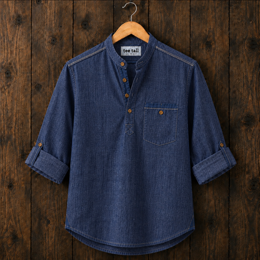 Mens Short Cotton Chambray Full Sleeve Kurta TTMSK174 - Blue
