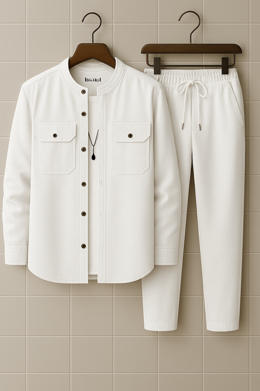 Mens Button Up Cotton Full Sleeve Shirt and Pants Set TTMSPTS23 - White