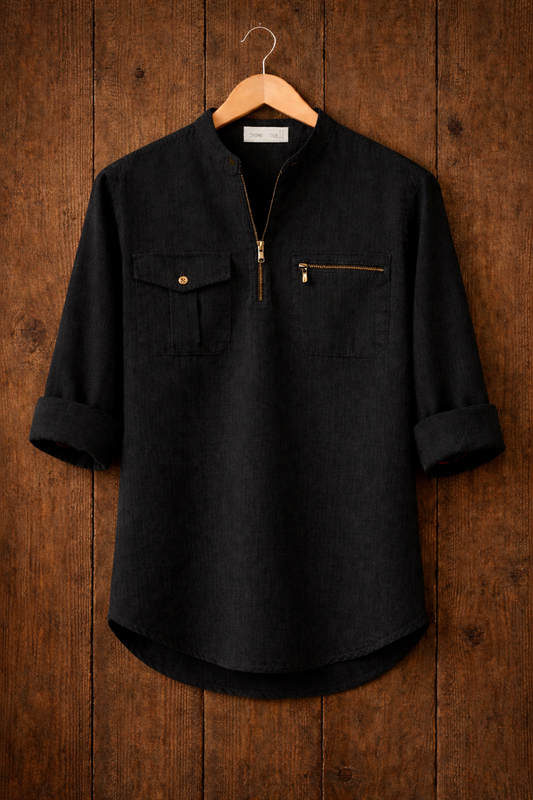 Mens Short Cotton Full Sleeve Kurta TTMSK76 - Black