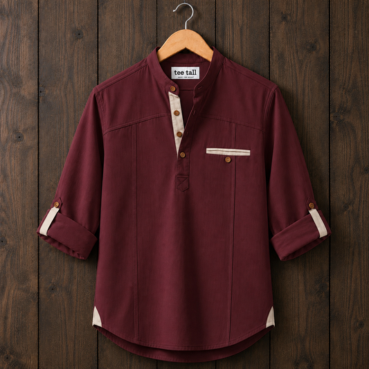 Mens Short Cotton Full Sleeve Kurta TTMSK126 - Maroon
