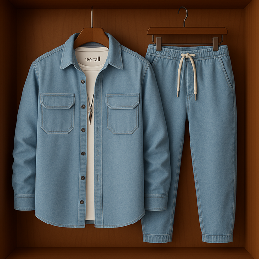 Mens Button Up Cotton Chambray Denim Full Sleeve Shirt and Pants Set TTMSPTS15 - Blue