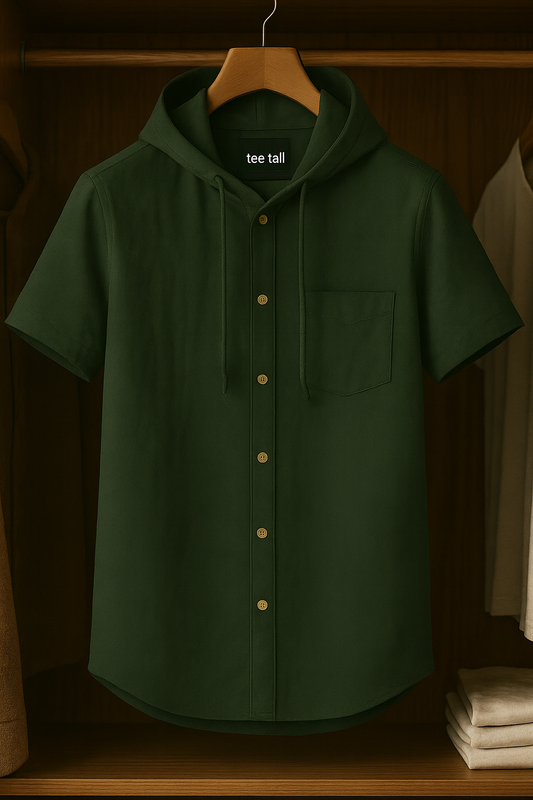 Mens Button Up Half Sleeve Cotton Hooded Shirt TTMBUS19 - Green