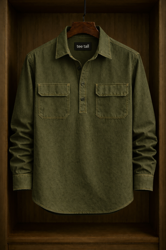 Mens Half Placket Button Cotton Full Sleeve Shirt TTMBUS194 - Army Green