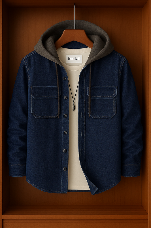 Mens Button Up Cotton Chambray Denim Hooded Full Sleeve Shirt TTMBUS85 - Blue