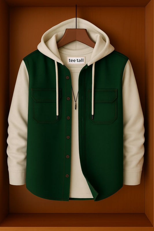 Mens Button Up Cotton Hooded Full Sleeve Shirt TTMBUS131 - Green