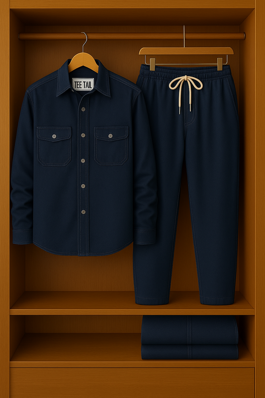 Mens Button Up Cotton Chambray Denim Full Sleeve Shirt and Pants Set TTMSPTS12 - Blue