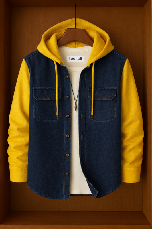 Mens Button Up Cotton Chambray Denim Hooded Full Sleeve Shirt TTMBUS148 - Blue