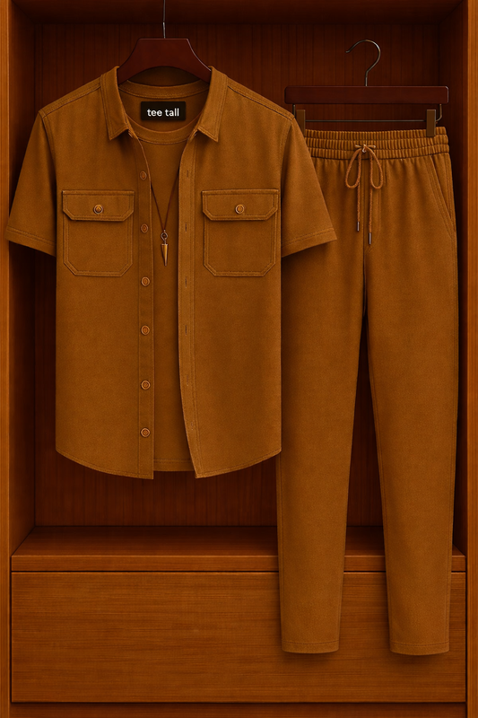 Mens Button Up Cotton Shirt and Pants Set TTMSPTS42 - Brown