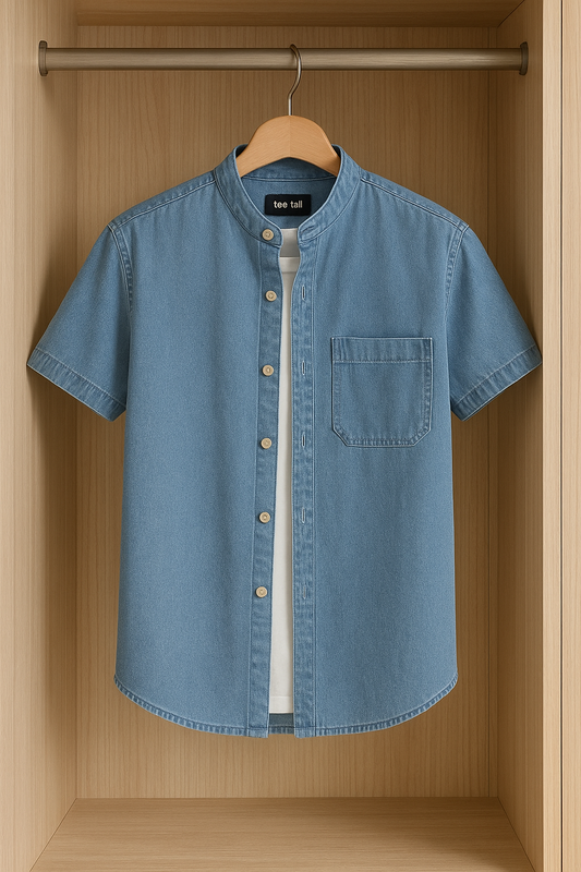 Mens Button Up Half Sleeve Chambray Cotton Shirt TTMBUS34 - Blue