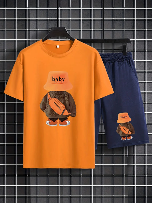 Mens Summer Shorts + T-Shirt Set - TTMSS160 - Orange Navy Blue