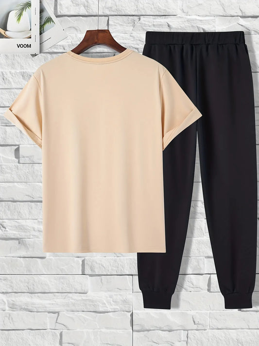 Mens Summer Pants + T-Shirt Set - TTMSTS2 - Cream Black