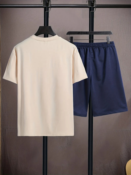 Mens Summer Shorts + T-Shirt Set - TTMSS162 - Cream Navy Blue