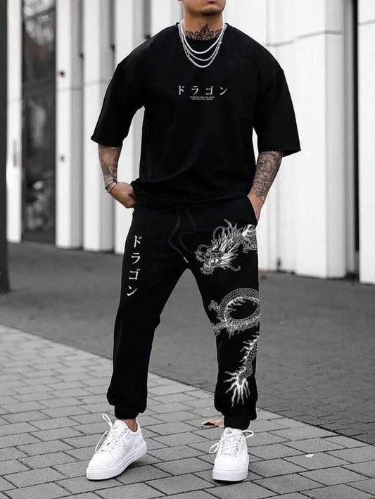 Mens Summer Pants + T-Shirt Set - TTMSTS9 - Black Black