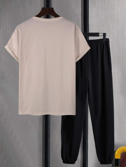 Mens Summer Pants + T-Shirt Set - TTMSTS10 - Cream Black