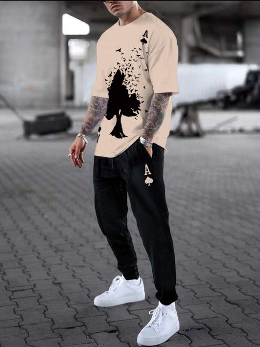 Mens Summer Pants + T-Shirt Set - TTMSTS10 - Cream Black