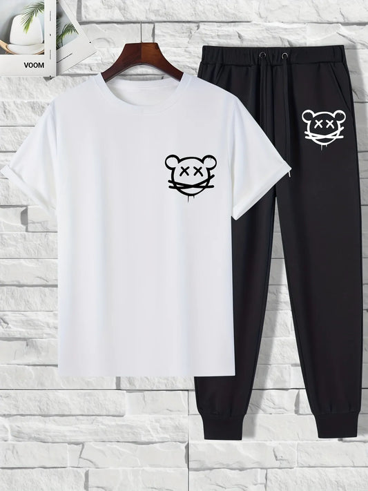 Mens Summer Pants + T-Shirt Set - TTMSTS5 - White Black